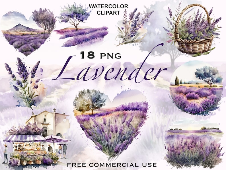 Puede incluir: Ilustraciones de acuarela de flores de lavanda, campos y una cesta de lavanda. El texto "18 PNG Lavanda" est&aacute; en el centro de la imagen. El texto "Uso comercial gratuito" est&aacute; en la parte inferior de la imagen.