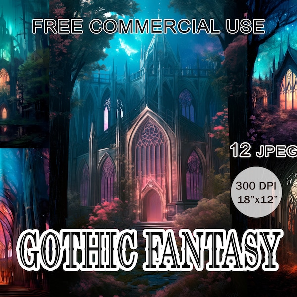 Gothic fantasy clipart, Dark aesthetic cathedral abstract and absurd art, Mystical church goth landscape images bundle, Free commercial use