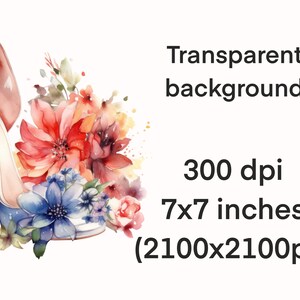 Puede incluir: Una ilustraci&oacute;n de acuarela de un zapato azul de tac&oacute;n alto con flores rosas y rojas. El fondo es transparente.