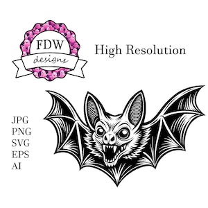 Murciélago aterrador SVG, archivo svg de contorno negro de linograbado, SVG de Halloween de temporada espeluznante, descargas digitales PNG, diseño vectorial Svg de uso comercial gratuito