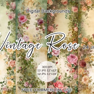 Clipart JPEG de rosas vintage con fondo floral para tarjetas y álbumes de recortes / 24 fondos JPG con uso comercial gratuito