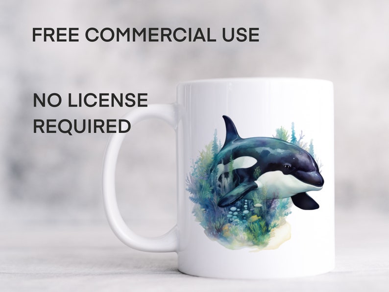 May include: White ceramic mug with a black and white orca whale illustration surrounded by blue and green watercolor seaweed and coral. The text "FREE COMMERCIAL USE NO LICENSE REQUIRED" is printed on the mug.