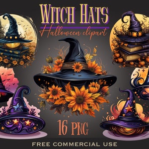 May include: A collection of colorful witch hat designs with the text "WITCH HATS Halloween clipart" and "16 PNG". The hats are black, purple, and blue, decorated with stars, flowers, and pumpkins. The image has a dark background.