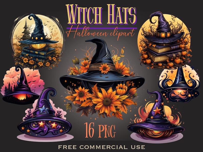 May include: A collection of colorful witch hat designs with the text "WITCH HATS Halloween clipart" and "16 PNG". The hats are black, purple, and blue, decorated with stars, flowers, and pumpkins. The image has a dark background.