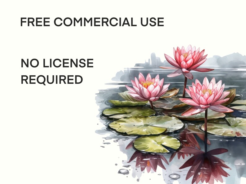 Pu&ograve; includere: Dipinto ad acquerello di tre ninfee rosa con foglie di ninfea verdi in uno stagno. Il testo "FREE COMMERCIAL USE NO LICENSE REQUIRED" &egrave; nell'angolo in alto a sinistra dell'immagine.