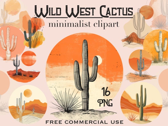 Minimalist Cactus PNG Bundle, Modern cactus art, Desert cactus clipart, Boho western png, Retro tshirt print, Neutral aesthetic desert art