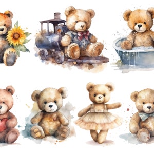 May include: Watercolor painting of eight teddy bears in various poses. One bear is in a bathtub, one is riding a toy train, one is holding a sunflower, and the rest are sitting or standing. The bears are all brown and have different expressions.