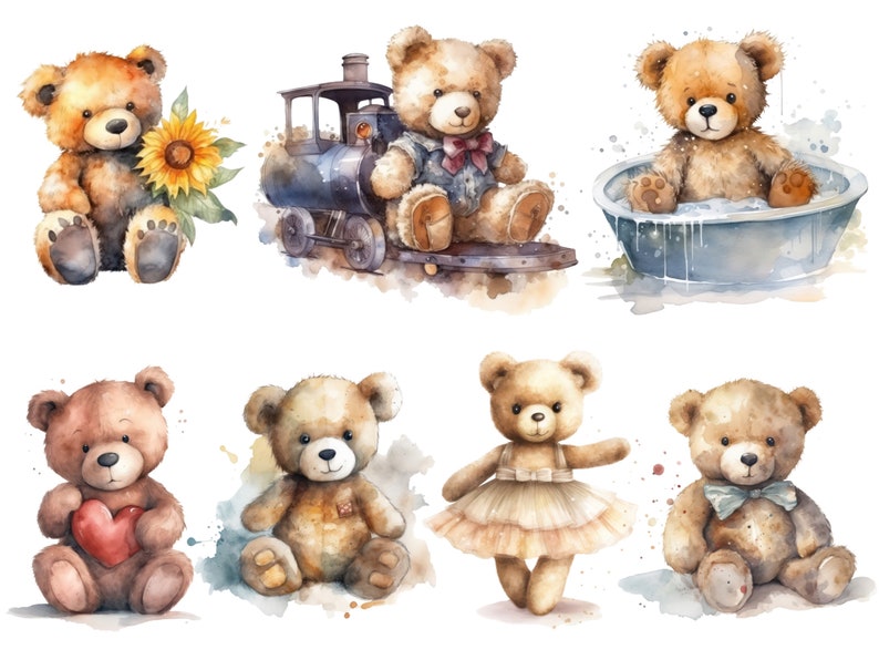 May include: Watercolor painting of eight teddy bears in various poses. One bear is in a bathtub, one is riding a toy train, one is holding a sunflower, and the rest are sitting or standing. The bears are all brown and have different expressions.