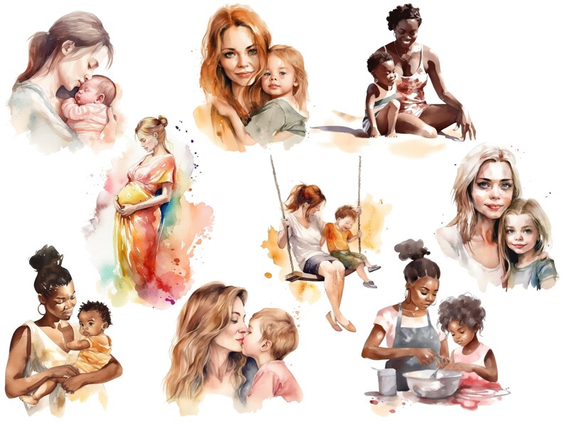 母性クリップアート、母の日のクリップアート、母の日のpng、水彩画のクリップアート、家族のクリップアート、愛するお母さんのpng、母と娘 画像 2