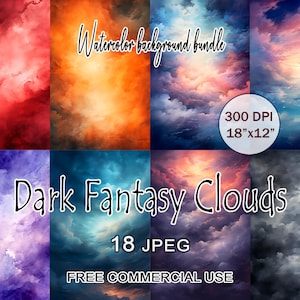 Donkere aquarel wolken achtergrondbundel, abstracte aquarel, digitaal papierpakket, wolkenlucht clipart, kleurrijke aquarel achtergrond
