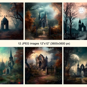 May include: A set of 12 digital images featuring a spooky, gothic church in a dark woodland setting. The images depict the church in various lighting conditions, including moonlight, fog, and sunset. The church is surrounded by trees and a graveyard, creating a haunting and atmospheric scene.