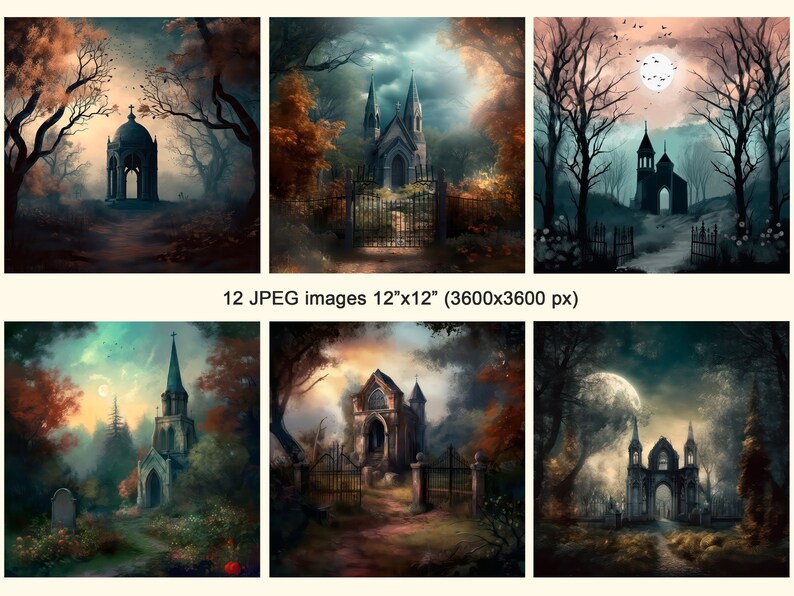 May include: A set of 12 digital images featuring a spooky, gothic church in a dark woodland setting. The images depict the church in various lighting conditions, including moonlight, fog, and sunset. The church is surrounded by trees and a graveyard, creating a haunting and atmospheric scene.