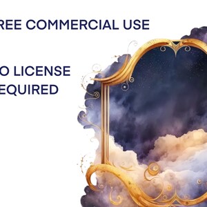 Puede incluir: Un marco dorado adornado con un dise&ntilde;o de espiral, sobre un fondo de nubes y un cielo estrellado. El texto "FREE COMMERCIAL USE" y "NO LICENSE REQUIRED" se muestra en azul.
