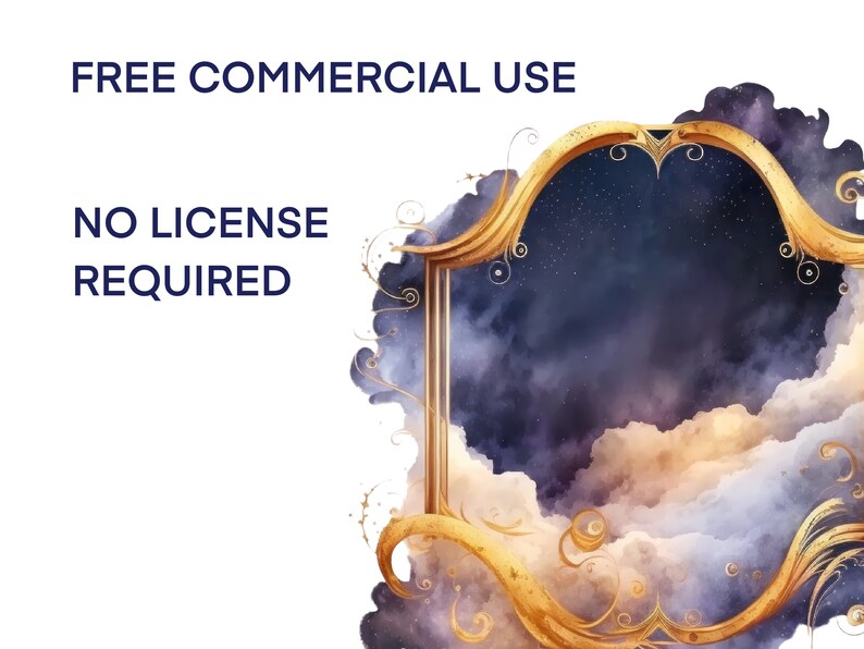 Puede incluir: Un marco dorado adornado con un dise&ntilde;o de espiral, sobre un fondo de nubes y un cielo estrellado. El texto "FREE COMMERCIAL USE" y "NO LICENSE REQUIRED" se muestra en azul.