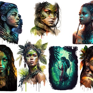 May include: A digital art collage featuring six images of women with intricate face paint and tribal-inspired adornments. The women are depicted in various poses and settings, including a jungle, a starry night sky, and a forest.