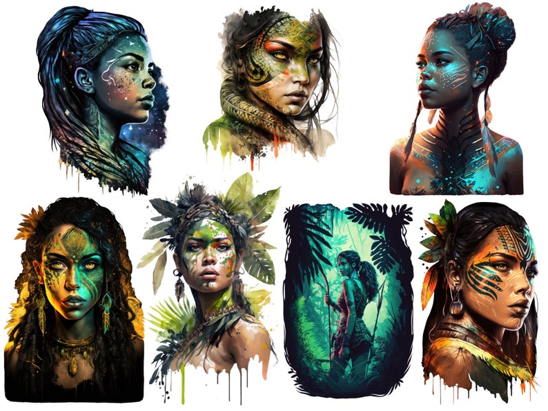 May include: A digital art collage featuring six images of women with intricate face paint and tribal-inspired adornments. The women are depicted in various poses and settings, including a jungle, a starry night sky, and a forest.