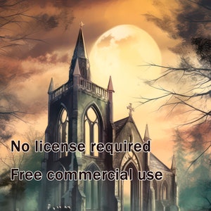 May include: A dark, gothic-style church with a tall spire and arched windows stands against a backdrop of a full moon and a cloudy sky. The church is surrounded by trees, creating a mysterious and atmospheric scene. The text "No license required" and "Free commercial use" is visible in the image.