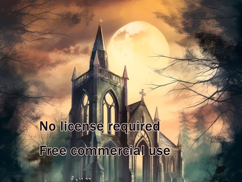 May include: A dark, gothic-style church with a tall spire and arched windows stands against a backdrop of a full moon and a cloudy sky. The church is surrounded by trees, creating a mysterious and atmospheric scene. The text "No license required" and "Free commercial use" is visible in the image.