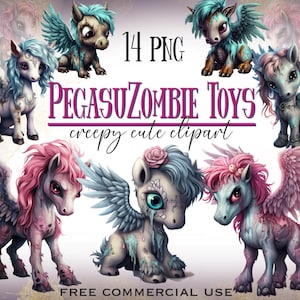 Clipart de brinquedo pegasus zumbi, cavalo alado de zumbis de pelúcia de horror engraçado de Halloween png, pacote de arte de animais mortos de fantasia assustadora, uso comercial gratuito