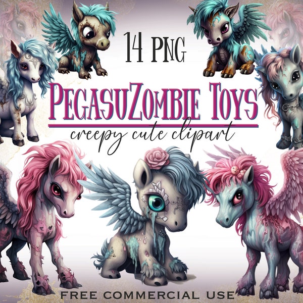 Zombie pegasus toy clipart, Funny Halloween horror plush zombies winged horse png, Scary fantasy dead animal art bundle, Free commercial use