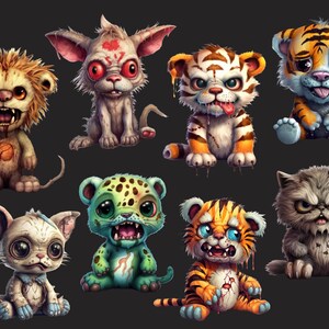 Peut inclure: Une collection de huit peluches d'animaux de dessin anim&eacute; avec diff&eacute;rentes expressions. Les peluches sont toutes dans diff&eacute;rentes poses et ont diff&eacute;rentes couleurs et motifs. Les peluches comprennent un lion, un tigre, un chat, un chien et un gu&eacute;pard.