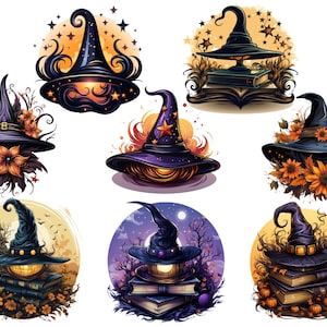 May include: A collection of stylized illustrations featuring witch hats. Each hat is a different color, including black, purple, and blue, and is decorated with stars, flowers, and other autumnal elements. The hats are set against various backgrounds.