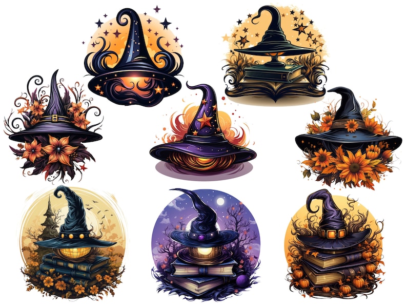 May include: A collection of stylized illustrations featuring witch hats. Each hat is a different color, including black, purple, and blue, and is decorated with stars, flowers, and other autumnal elements. The hats are set against various backgrounds.