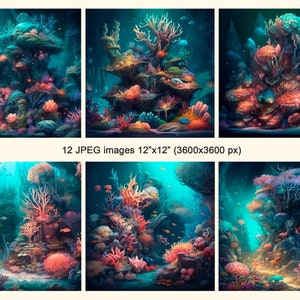 Puede incluir: Un conjunto de seis ilustraciones digitales de arrecifes de coral coloridos con varios peces y vida marina. Las im&aacute;genes miden 12 pulgadas por 12 pulgadas y tienen una resoluci&oacute;n de 3600 p&iacute;xeles por 3600 p&iacute;xeles.