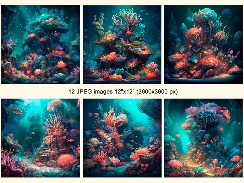 Puede incluir: Un conjunto de seis ilustraciones digitales de arrecifes de coral coloridos con varios peces y vida marina. Las im&aacute;genes miden 12 pulgadas por 12 pulgadas y tienen una resoluci&oacute;n de 3600 p&iacute;xeles por 3600 p&iacute;xeles.