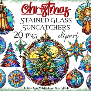 Stained glass christmas clipart, Suncatcher holiday ornament png images art bundle, Winter decor digital artwork set, Free commercial use