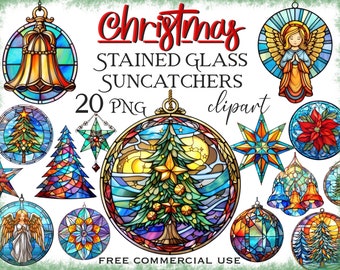 Stained glass christmas clipart, Suncatcher holiday ornament png images art bundle, Winter decor digital artwork set, Free commercial use