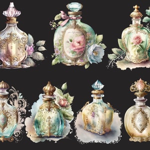 May include: Six ornate glass perfume bottles with gold accents and floral embellishments. Each bottle is decorated with delicate watercolor flowers and leaves. The bottles are set against a black background.