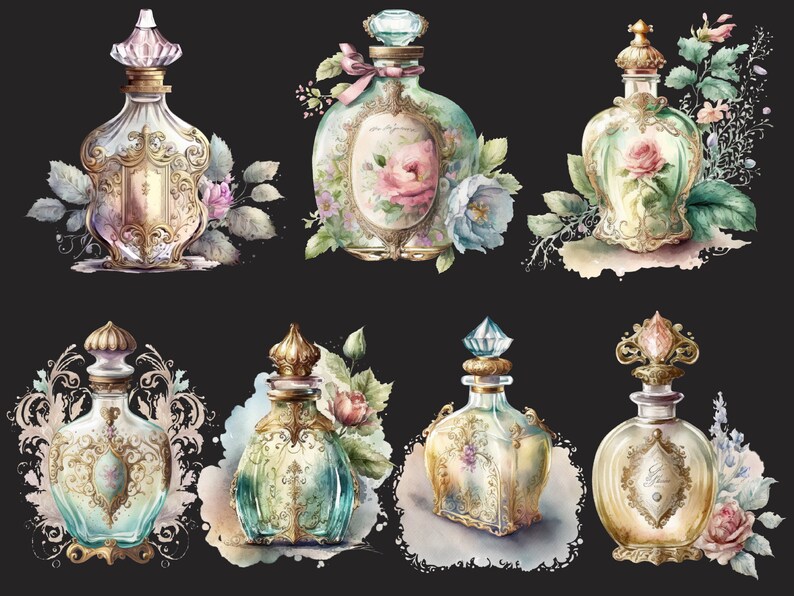 May include: Six ornate glass perfume bottles with gold accents and floral embellishments. Each bottle is decorated with delicate watercolor flowers and leaves. The bottles are set against a black background.