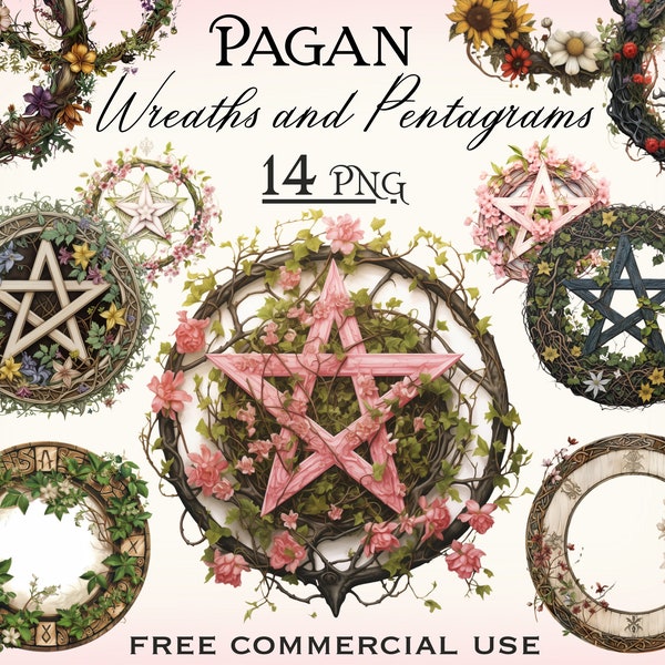 Pagan Wreath & Pentagram PNG bundle, Watercolor Darc Occult Art, Digital wiccan art, Witch Clipart, Spiritual clipart, Mystical clipart