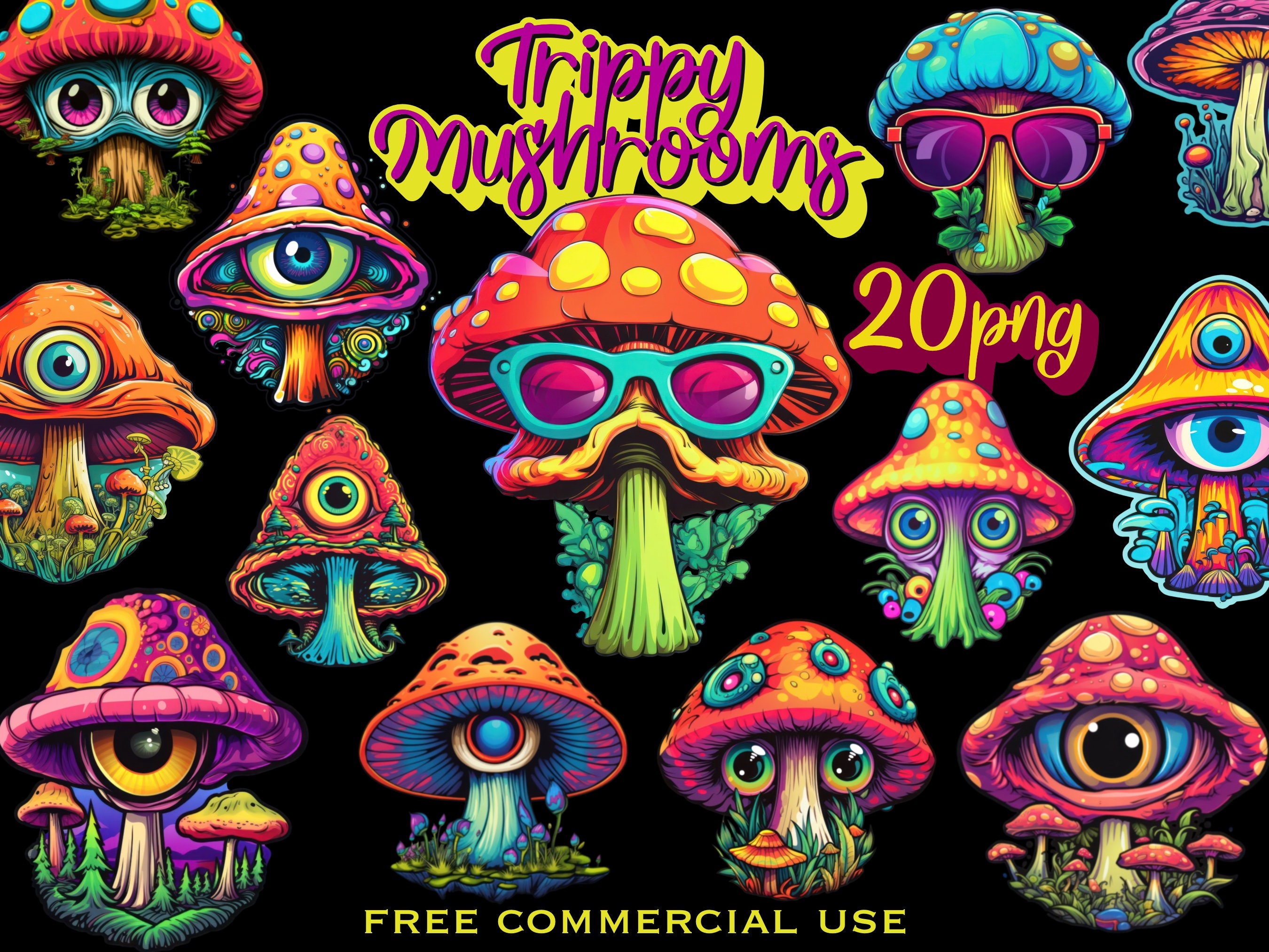 Trippy Mushroom clipart, Magic Mushrooms png bundle, Mystical psy printable art, Neon psychedelic art, Acid hippie art, Free commercial use
