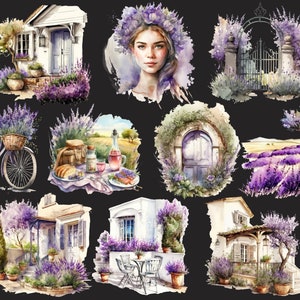 Pu&ograve; includere: Illustrazioni ad acquerello di campi di lavanda, case e una donna con una corona di fiori. Le illustrazioni sono in stile vintage e presentano una tavolozza di colori tenui.