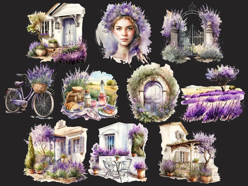 Pu&ograve; includere: Illustrazioni ad acquerello di campi di lavanda, case e una donna con una corona di fiori. Le illustrazioni sono in stile vintage e presentano una tavolozza di colori tenui.
