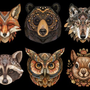 May include: A digital illustration of six forest animals with intricate patterns. The animals are a fox, bear, wolf, raccoon, owl, and squirrel. The animals are all facing forward and have a detailed, ornate design.