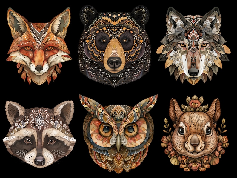 May include: A digital illustration of six forest animals with intricate patterns. The animals are a fox, bear, wolf, raccoon, owl, and squirrel. The animals are all facing forward and have a detailed, ornate design.