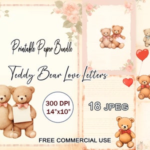 Lot de papier à lettre amour ours en peluche, paquet de papier à lettres lettre Saint-Valentin, ensemble de papeterie imprimable Saint-Valentin, paquet de papier numérique vintage