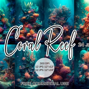 Coral reef clipart, Underwater ocean digital paper bundle with free commercial use, for design, collage, scrapbooking, junk journal etc.