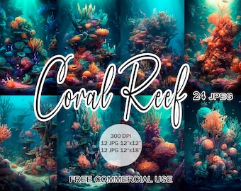 Coral reef clipart, Underwater ocean digital paper bundle with free commercial use, for design, collage, scrapbooking, junk journal etc.