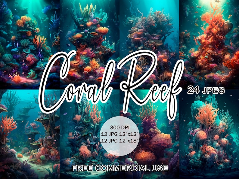 Puede incluir: Una ilustraci&oacute;n digital de un vibrante arrecife de coral con corales coloridos, peces y otras formas de vida marina. La imagen est&aacute; dividida en cuatro secciones, cada una mostrando una parte diferente del arrecife. El texto "Coral Reef 24 JPEG" es visible en la esquina inferior derecha. El texto "300 DPI 12 JPG 12"x12" 12 JPG 12"x18" FREE COMMERCIAL USE" es visible en el centro inferior de la imagen.