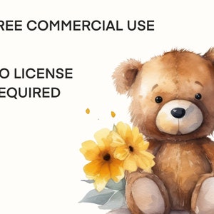 May include: A watercolor illustration of a brown teddy bear sitting with yellow flowers. The text "FREE COMMERCIAL USE NO LICENSE REQUIRED" is written above the bear.
