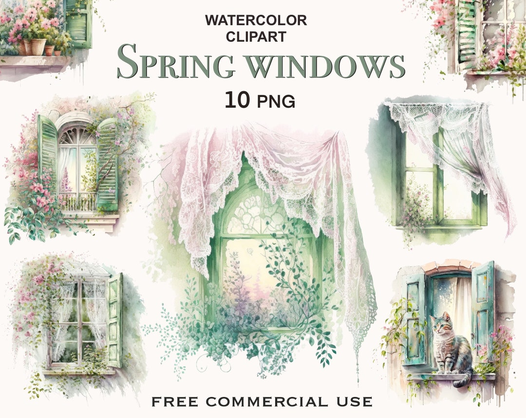 Spring Window Sticker Pattern Png Transparent Spring Window Png Bundle, Watercolor Flowers Png, Spring Flower ...