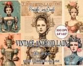 Vintage Android Lady Cards Bundle, Retro robot funny card, Printable steampunk ephemera, Girl junk journal pack, Weird female portrait set