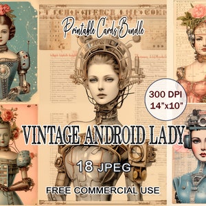 lot de cartes Android Lady vintage, carte drôle de robot rétro, éphémères steampunk imprimables, pack de journaux indésirables pour fille, ensemble de portraits féminins étranges