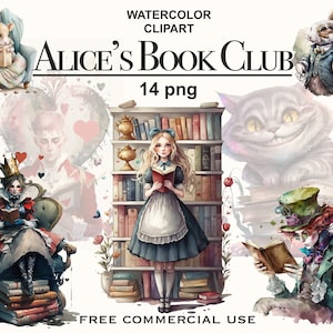 Clipart Alice nel paese delle meraviglie, Clipart club del libro, Clipart amante dei libri, Clipart libro acquerello, Clipart scaffale, PNG libro, Clipart lettura