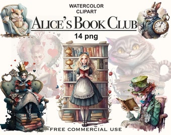 Alice in wonderland clipart, Book club clipart, Book lover clipart, Watercolor book clipart, Clipart bookshelf, Book png, Reading clipart