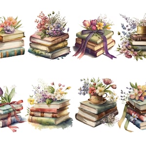 May include: A collection of eight watercolor illustrations featuring stacks of books adorned with colorful flowers. Each stack of books is decorated with a different floral arrangement, including roses, tulips, and wildflowers. The illustrations are perfect for adding a touch of whimsy and charm to any project.